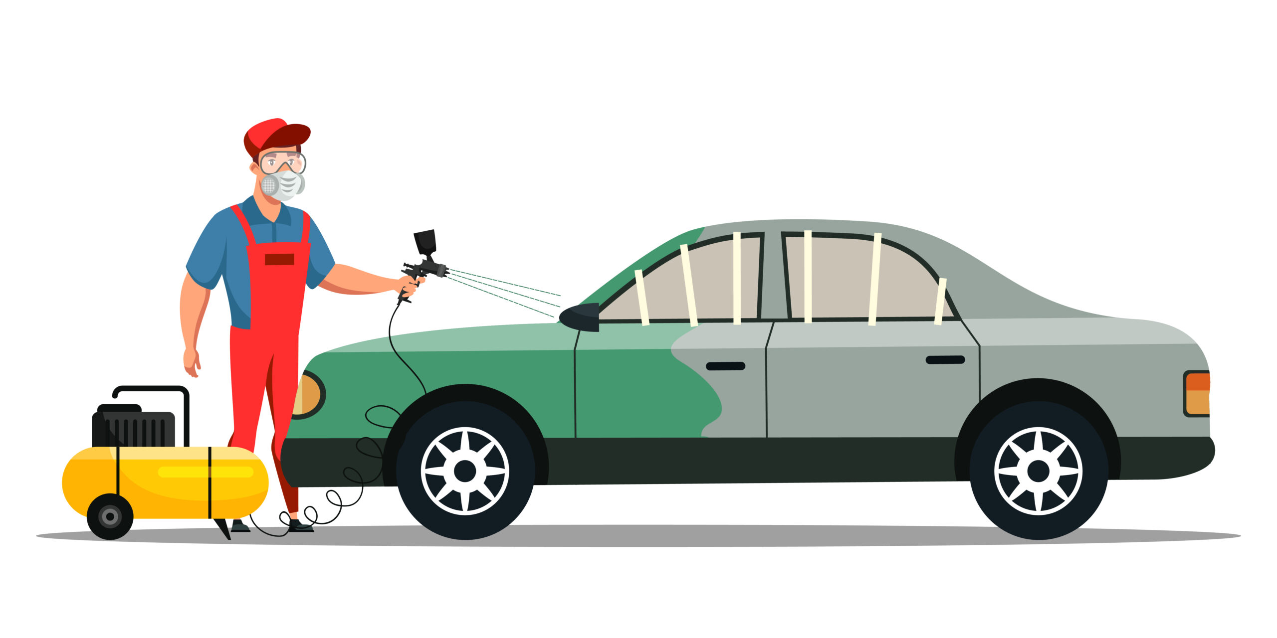 Car service and auto body repair process. Professional repairman with paint spraying gun at work.